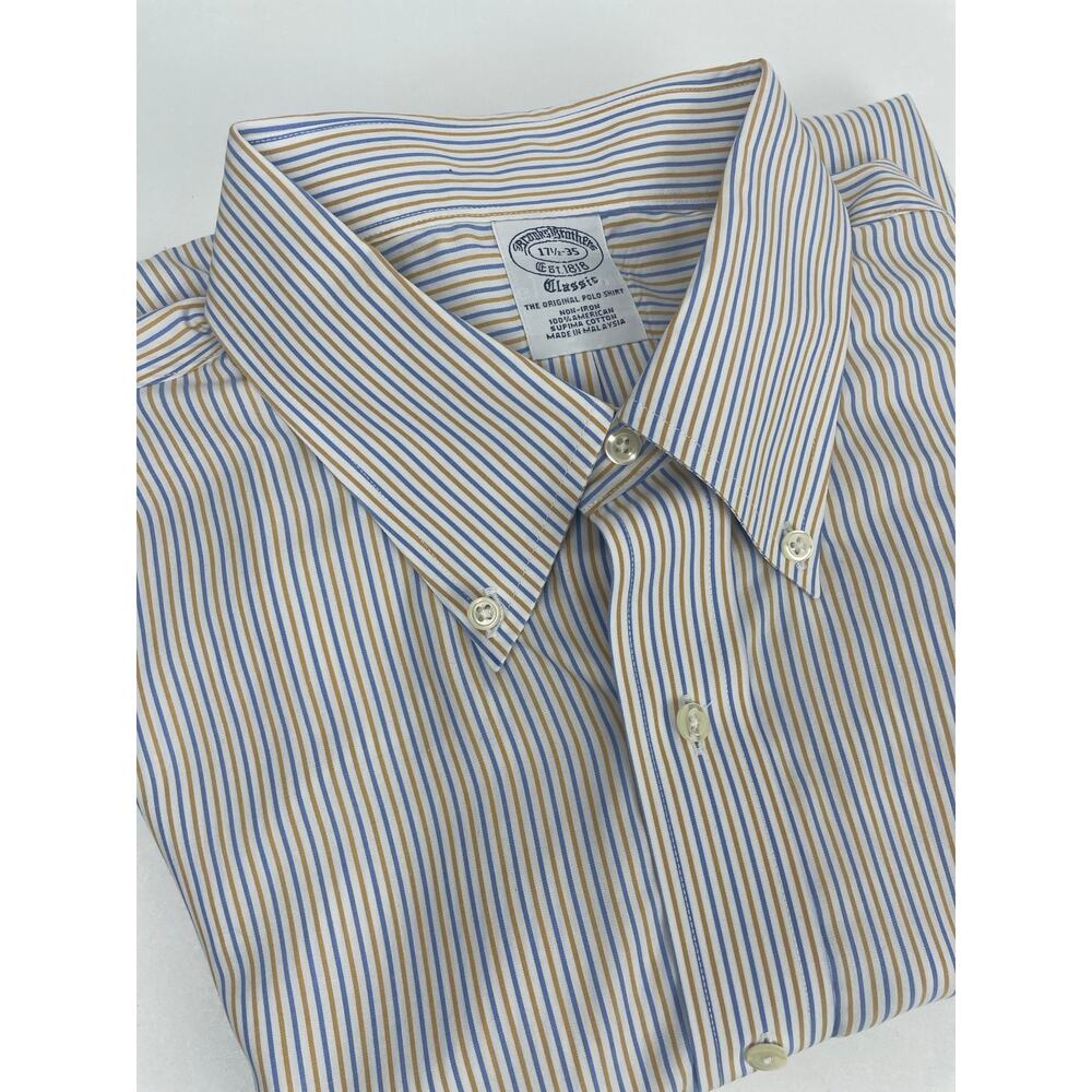 Brooks Brothers Dress Shirt Men’s XL 17.5-35 White w/ Blue Gold Stripes